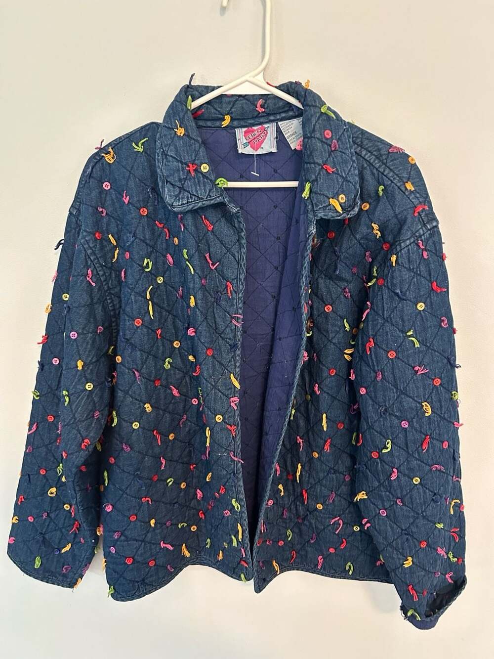 Vintage Keren Hart Quilted Denim Jacket with Colorful Buttons and Yarn Embellish